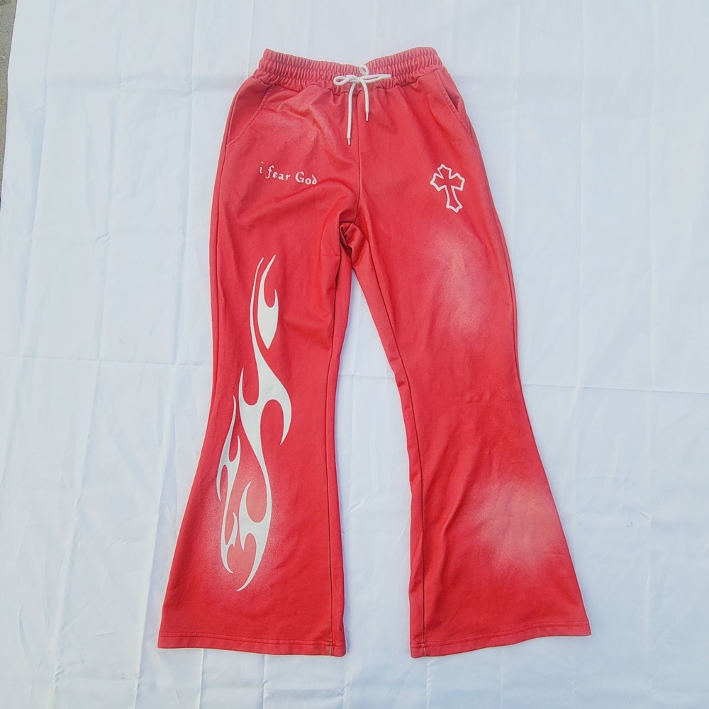 I Fear God Flared Sweatpants Mens sz Small Red Flame Graphic Streetwear P03